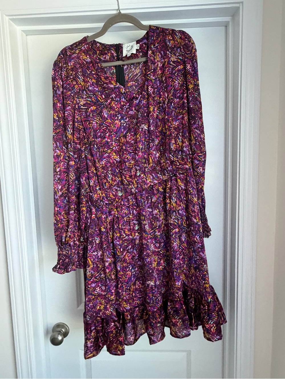 Lili Sidonio Purple Multi-Print Long Sleeve Ruffle-Hem Dress